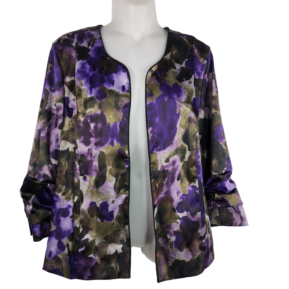 Christopher & Banks Women Jacket Medium Purple Floral Abstract 3/4 Ruched Sleeve